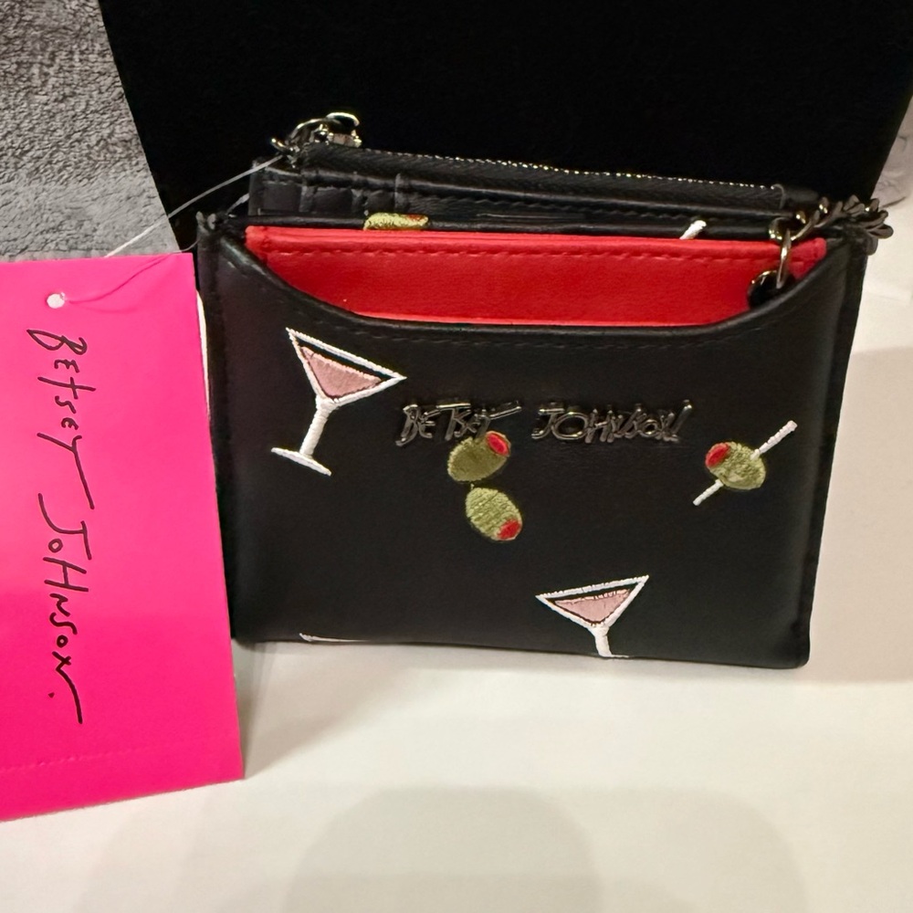 Betsey Johnson Black Martini Embellished Wallet with Red Interior